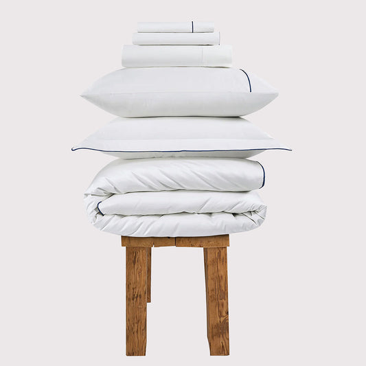 300Thread Count Egyptian Cotton Duke of Bliss LUXE White Bedding Set - Navy Peony Accent