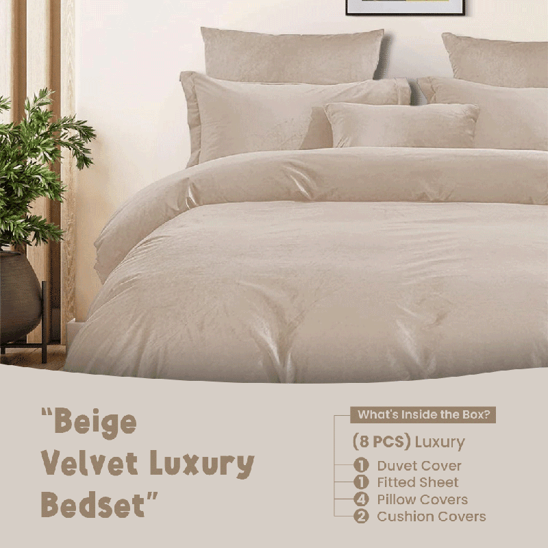 Beige Velvet - Bed Set 8 Pcs (Luxury) - Windsorlino.com
