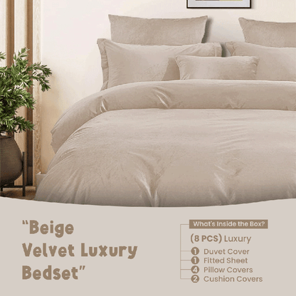 Beige Velvet - Bed Set 8 Pcs (Luxury) - Windsorlino.com