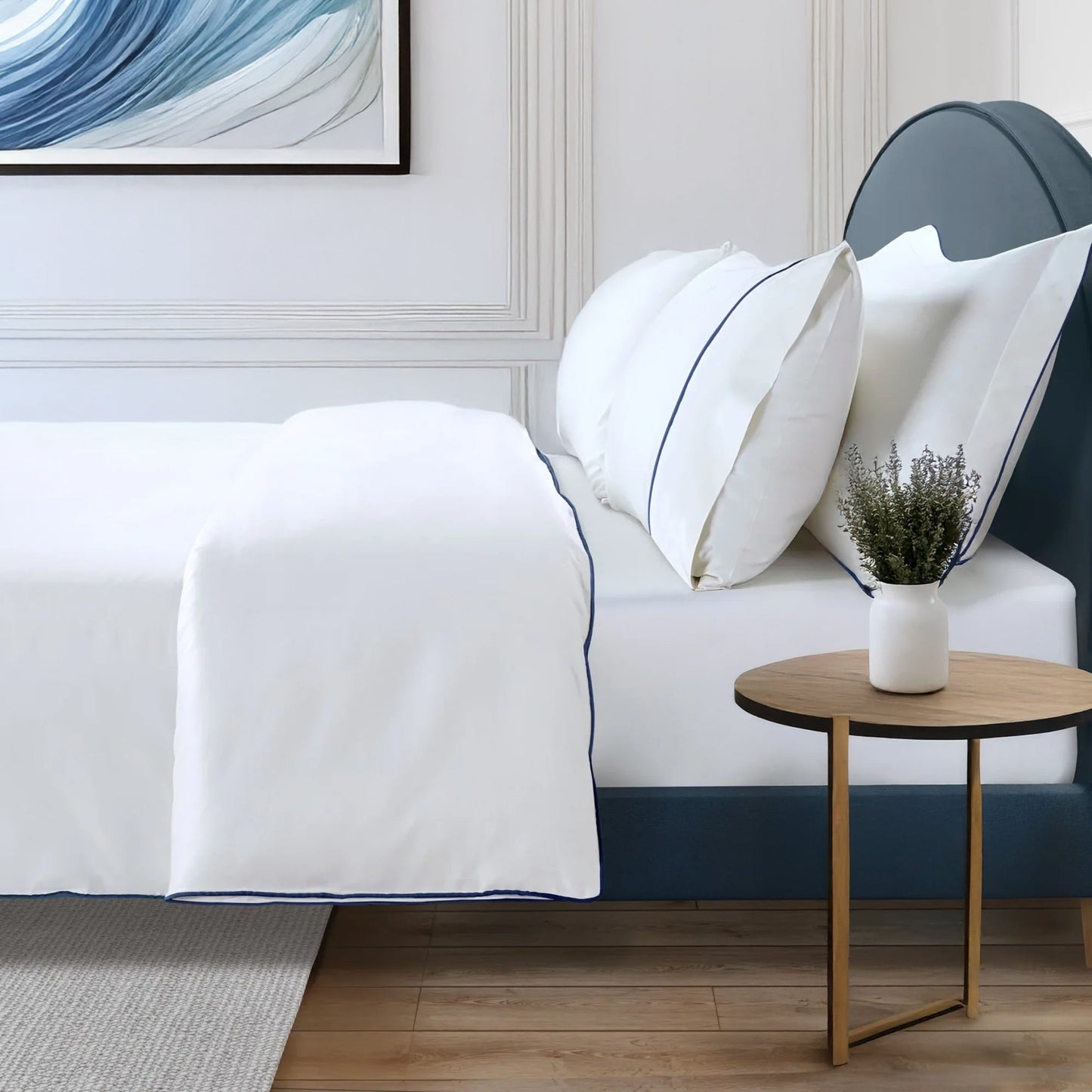 300Thread Count Egyptian Cotton Duke of Bliss LUXE White Bedding Set - Navy Peony Accent