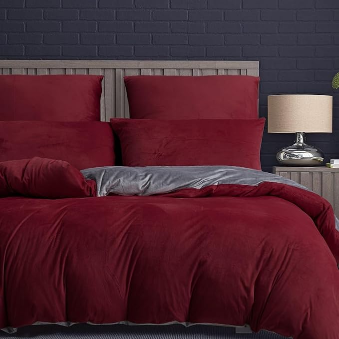 Maroon & Grey Velvet - Reversible Bed Set 8 Pcs (Luxury) - Windsorlino.com