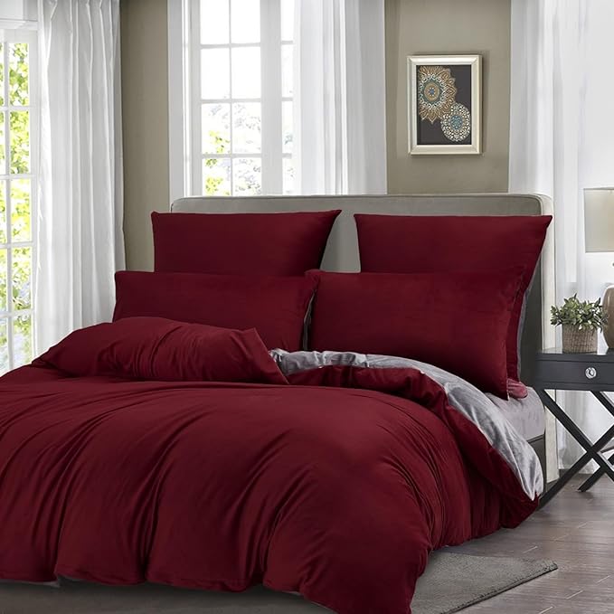 Maroon & Grey Velvet - Reversible Bed Set 8 Pcs (Luxury) - Windsorlino.com