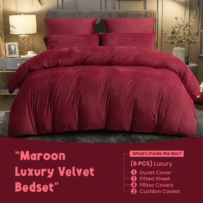 Maroon Velvet - Bed Set 8 Pcs (Luxury) - Windsorlino.com