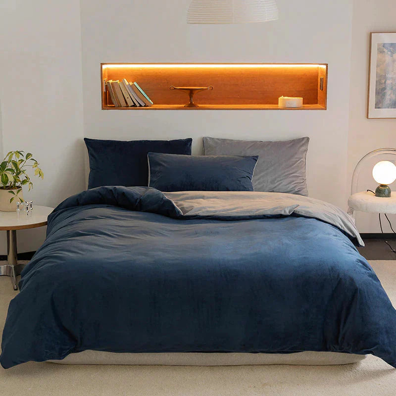 Reversible Duvet Set Velvet - King (6 pcs) / Blue & Grey