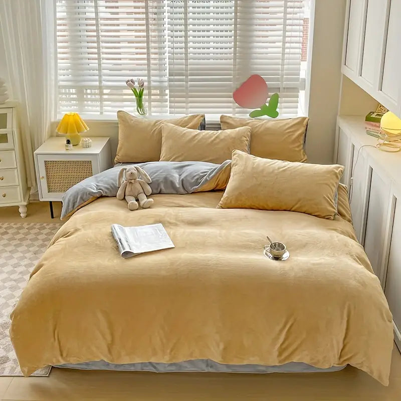 Reversible Duvet Set Velvet - King (6 pcs) / Golden & Grey
