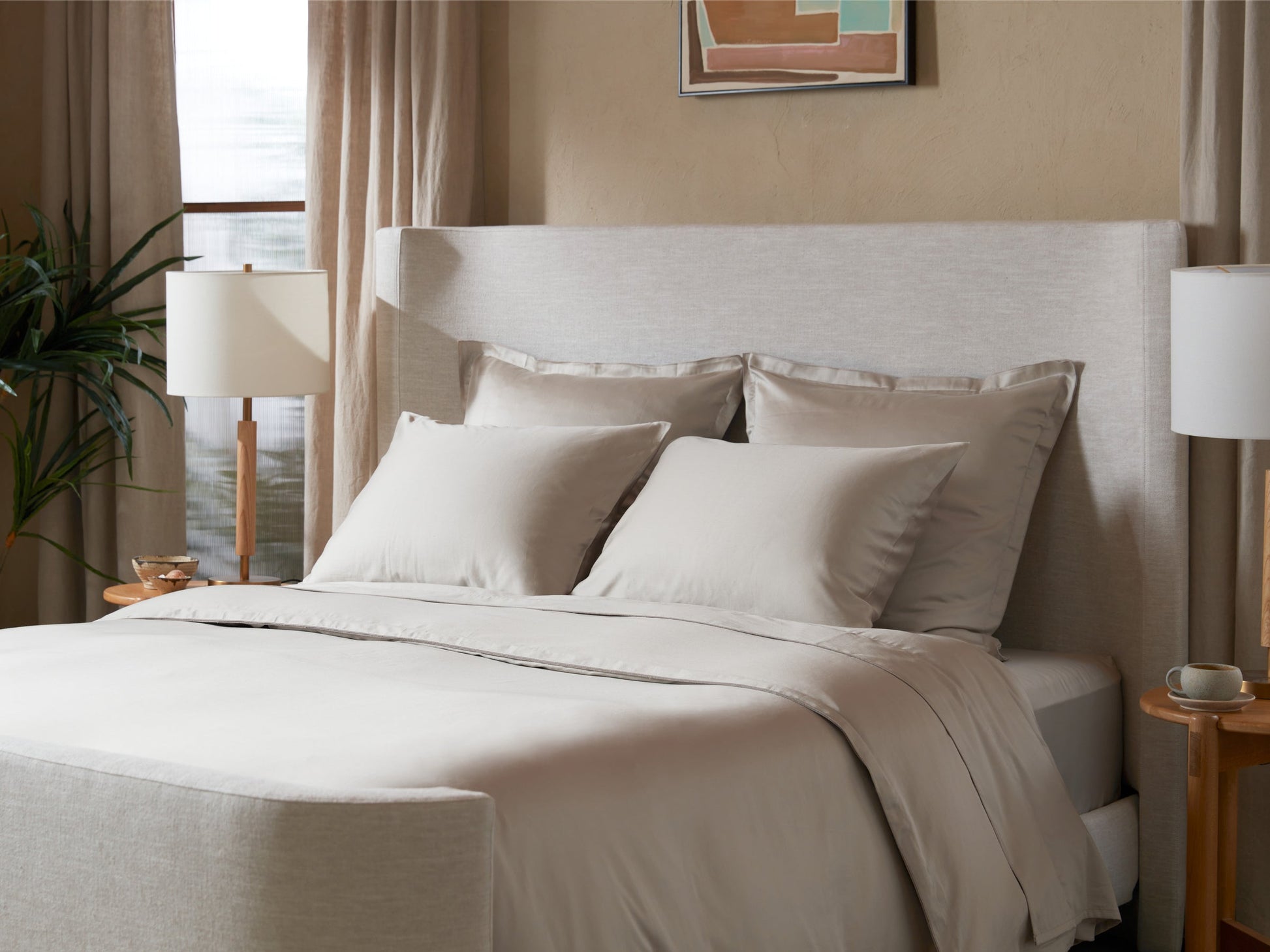 Luxurious sateen bedding bundle, rich white fabric, close-up corner detail. Image 5 of 5.