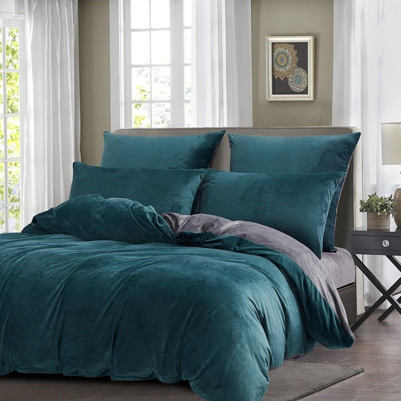 Teal & Grey Velvet - Reversible Bed Set 8 Pcs (Luxury) - Windsorlino.com