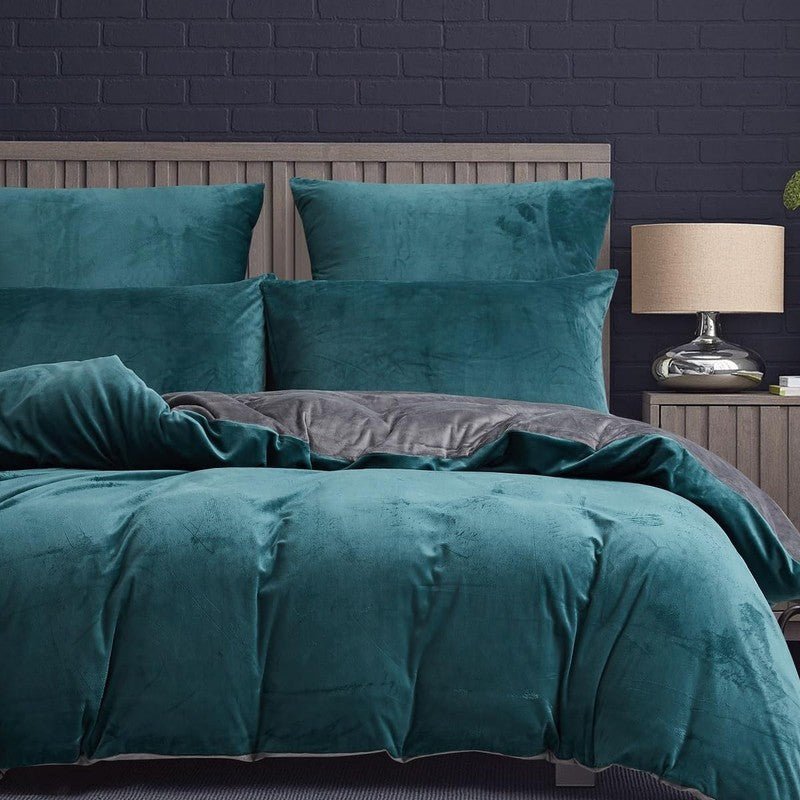 Teal & Grey Velvet - Reversible Bed Set 8 Pcs (Luxury) - Windsorlino.com