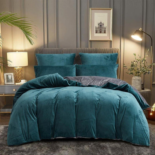 Teal & Grey Velvet - Reversible Bed Set 8 Pcs (Luxury) - Windsorlino.com